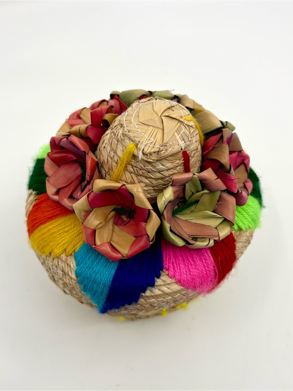 MEXICAN Handwoven Straw Basket with Colorful Yarn and Floral Top, 5” x 5” - Picture 2 of 5